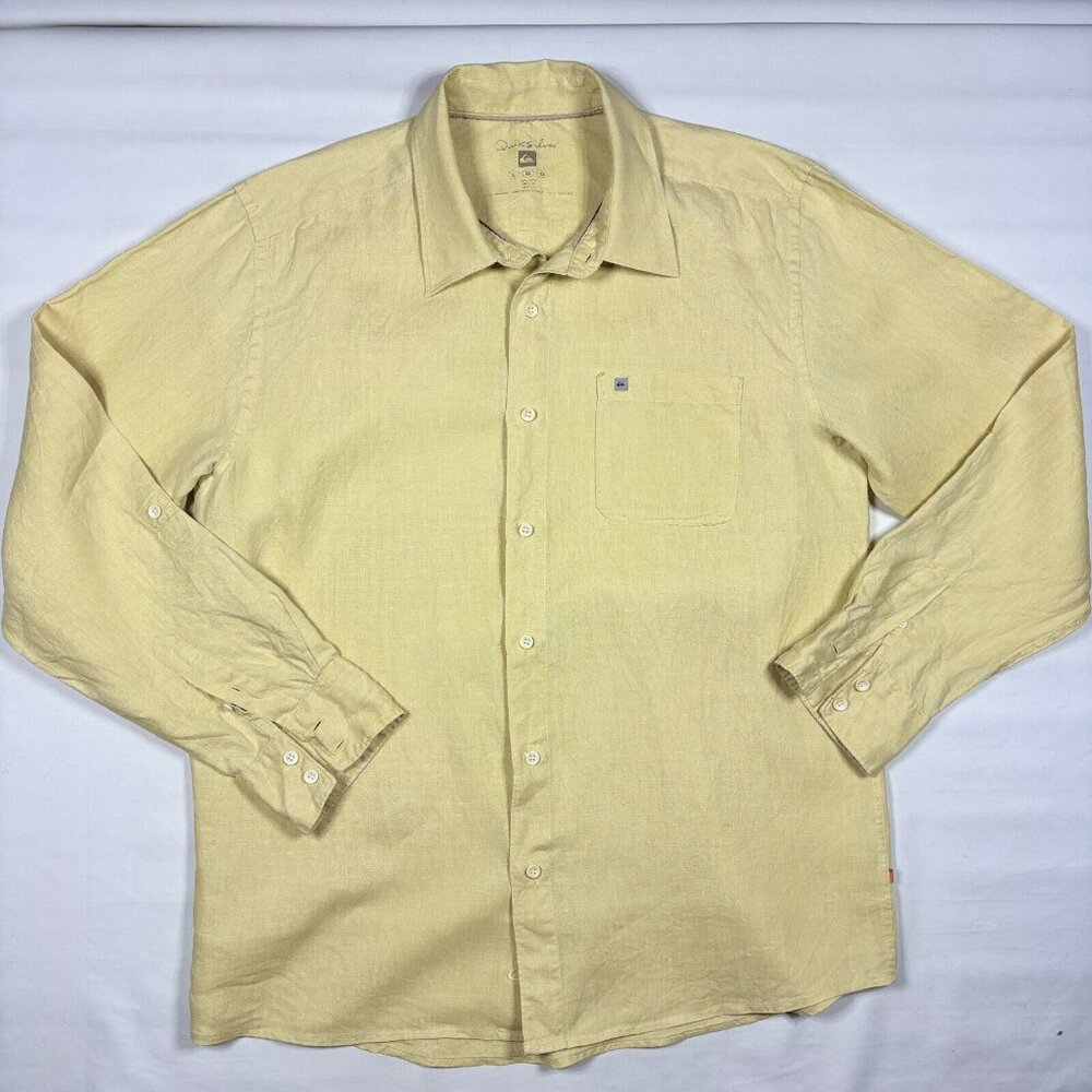 Quiksilver Men's Large 100% Linen Long Sleeve Button Up Shirt Yellow Surf Beach